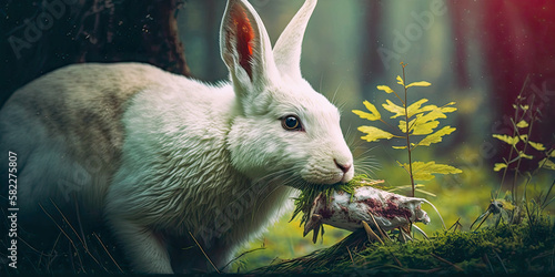 White wolf eating rabbit in forest prey - Generative AI