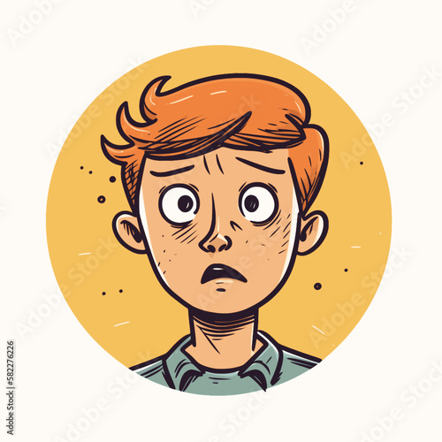 Young boy with red short cropped hair and a collared shirt showing a confused facial expression