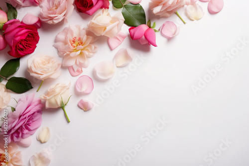 Pink and white roses with loose petals as holiday background  image generated with AI