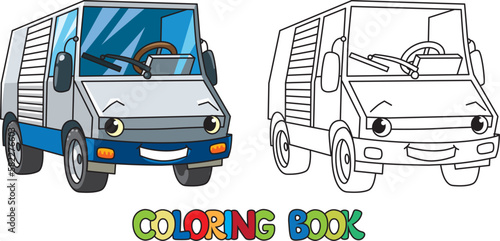 Small funny truck or lorry coloring book for kids. Small funny vector cute car with eyes and mouth. Children vector illustration