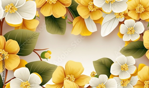  a floral background with yellow and white flowers on a branch with green leaves and a place for a text on a beige background with space for text.  generative ai