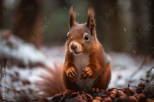 In the winter or the late autumn, the squirrel with the nut sits on the tree. Close up of a squirrel portrait. Red squirrel of Eurasia, Sciurus vulgaris. Generative AI © AkuAku
