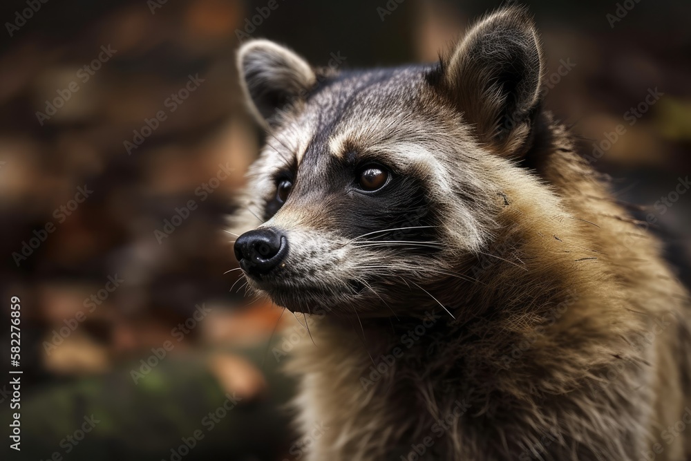 Asian Racoon Dog (Nyctereutes procyonoides) in the wilderness. Generative AI