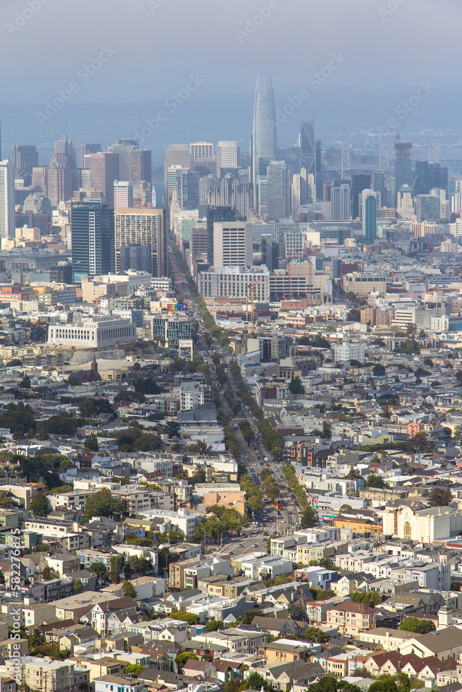 Aerial views of San Francisos cityscape in its classic fog.