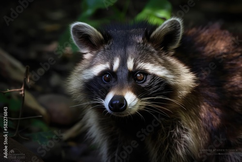 Asian Racoon Dog (Nyctereutes procyonoides) in the wilderness. Generative AI