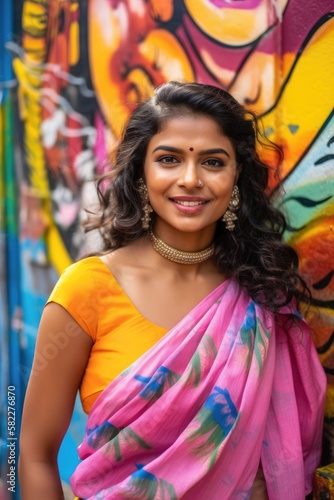 Smiling attractive Indian woman wearing a pink saree standing in the street with a colorful graffiti in the background. Generative AI © Adriana