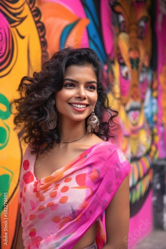 Smiling attractive Indian woman wearing a pink saree standing in the street with a colorful graffiti in the background. Generative AI