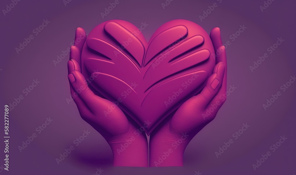 two hands holding a heart shaped object in the middle of a purple ...