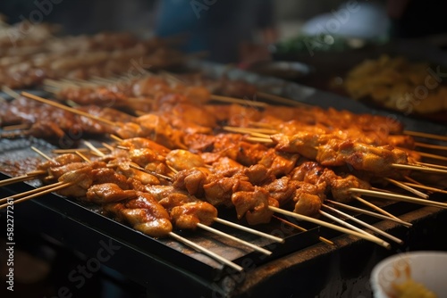 cooked chicken satay with smoke on a grilling platter. Asian food sold at a street market. Generative AI