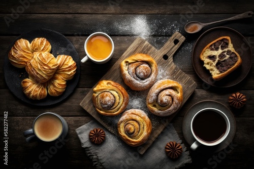 Variety of homemade puff pastry buns cinnamon rolls and croissant served with coffee cup. AI generated