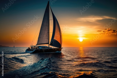 Yacht sailing towards the sunset. AI Generation © yuliachupina
