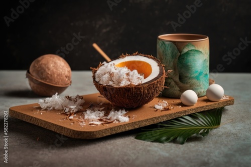 Summer abstract creative composition with coconut a on wooden tray. AI generated