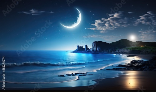  a night scene with a moon and a crescent above the ocean and a beach with waves and rocks on the shore and a full moon in the sky.  generative ai