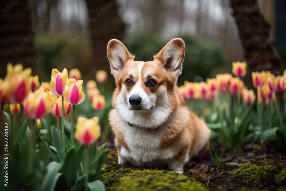 Corgi in tulip garden portrait. Generative AI Corgi in tulip garden portrait. Generative AI