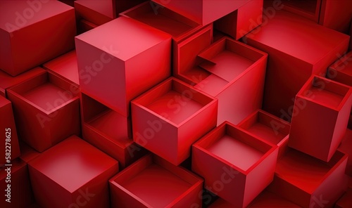  a bunch of red cubes that are stacked up in a room with red walls and flooring and a red floor with a red floor.  generative ai