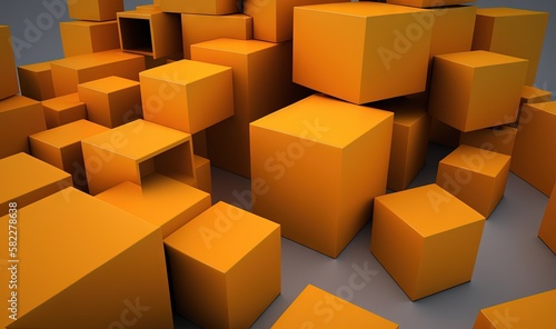  a bunch of orange cubes that are stacked up in the air and stacked up in the middle of the room  with one of the cubes facing the viewer slightly to the left.  generative ai