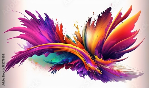  a colorful bird flying through the air with paint splatters on it's wings and tail feathers are multicolored and white.  generative ai
