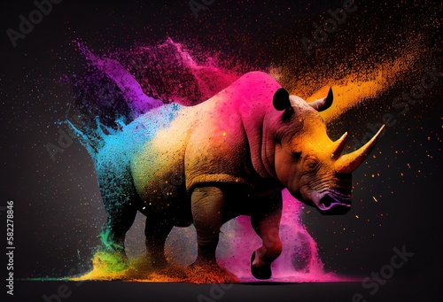 Rhino Rainbow Color Splash In Awesome Style Generative AI