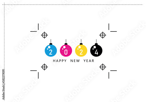 CMYK color model letter. Prepress proofing concept. Provider of printer ink and toner, letterpress printers. Keep printing! 2024 new year. Christmas balls. New year with CMYK colors