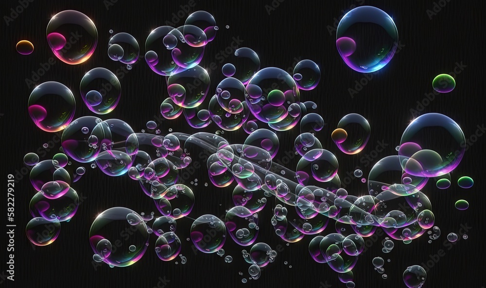 a bunch of soap bubbles floating in the air on a black background with a black background and a black background with a black background and white border. generative ai a bunch of soap bubbles floating in the air on a black background with a black background and a black background with a black background and white border. generative ai