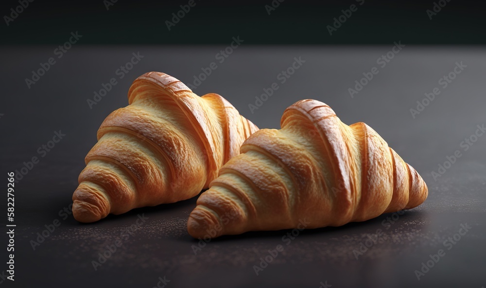  a couple of croissants sitting on top of a table next to each other on a black tablecloth covered table top with a black surface.  generative ai