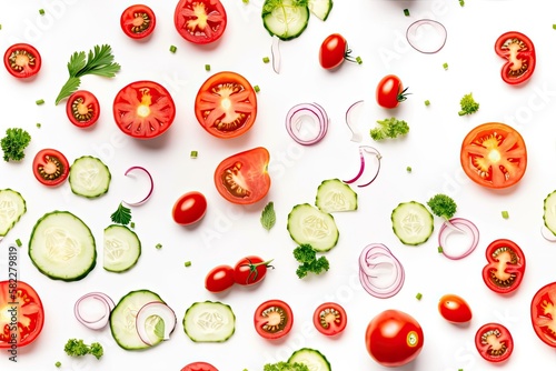 Creative layout made of tomato slice, onion, cucumber, basil leaves. Flat lay, top view. Food concept. Vegetables isolated on white background. Food ingredient pattern. Banner. Generative AI