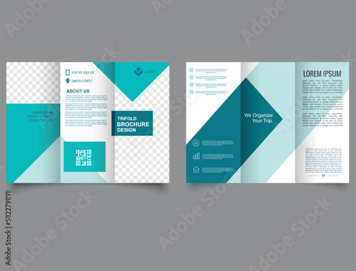 Green trifold brochure. Spring design. Business flyer template with text.