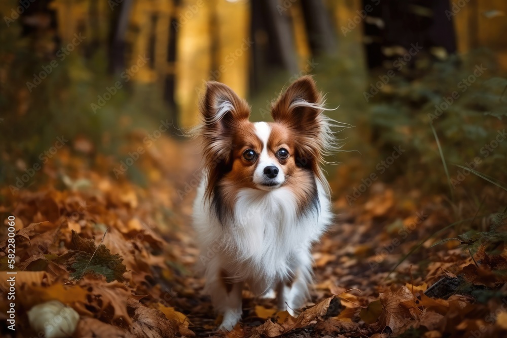 dog strolling in a forest in the fall. Generative AI