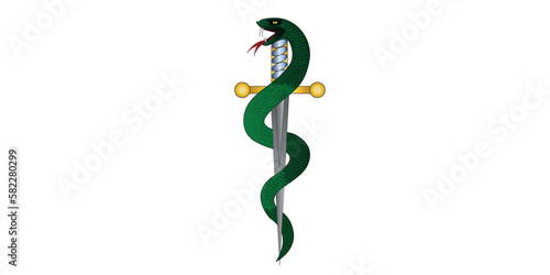 Green snake wrapped around a steel sword. Snake on cold weapon. Snake and sword, dagger emblem