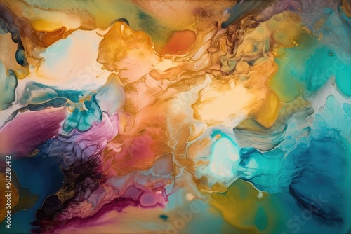 Currents of translucent hues, snaking metallic swirls, and foamy sprays of color shape the landscape of these free-flowing textures. Natural luxury abstract fluid art painting alcohol - Generative AI
