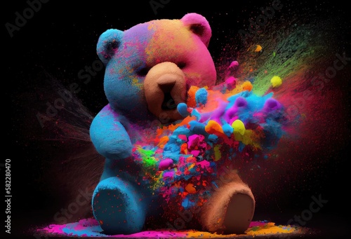 Teddy Bear Rainbow Color Splash In Awesome Style Generative AI photo