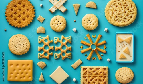  a variety of cookies and crackers arranged on a blue surface with a cookie cutter and a cookie cutter in the middle of the cookie.  generative ai