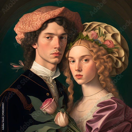 Young couple of lovers in Italian Renaissance painting style - generative ai photo