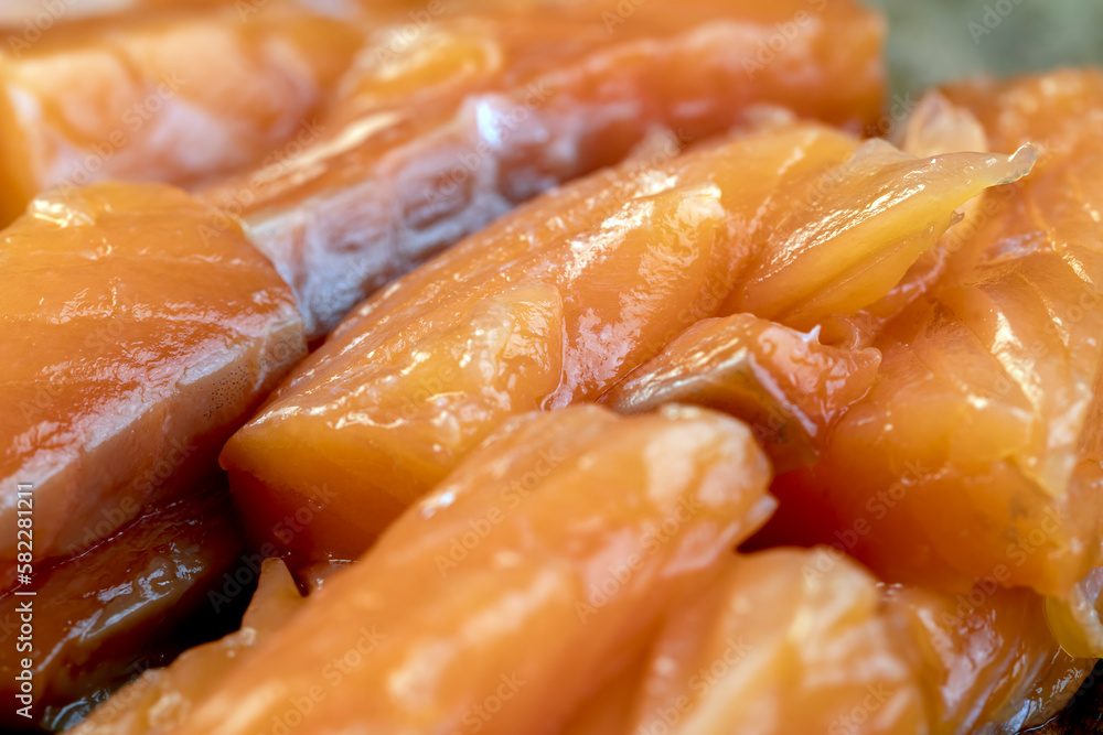 Sliced red trout meat with sea salt Sliced red trout meat with sea salt