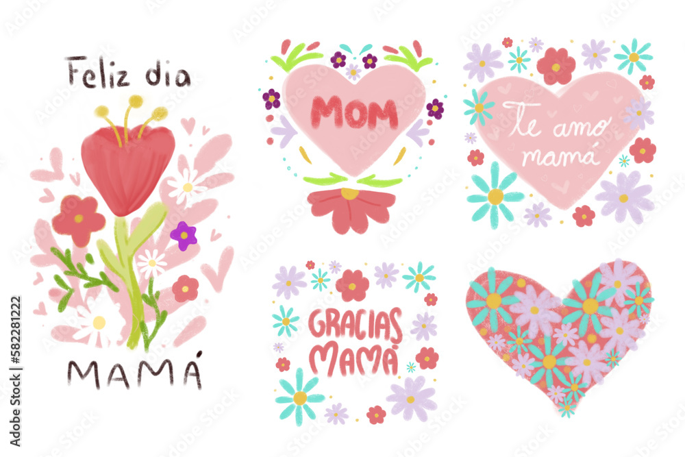 Ilustraciones del día de las madres. Diseños con flores y corazones. Feliz día, gracias mamá, te amo. 