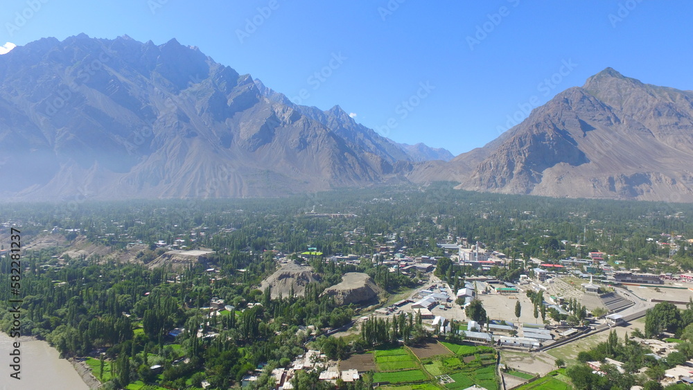 Aerial view of Skardu city with its surrounding mountains, located in Gilgit Baltistan,  Pakistan.