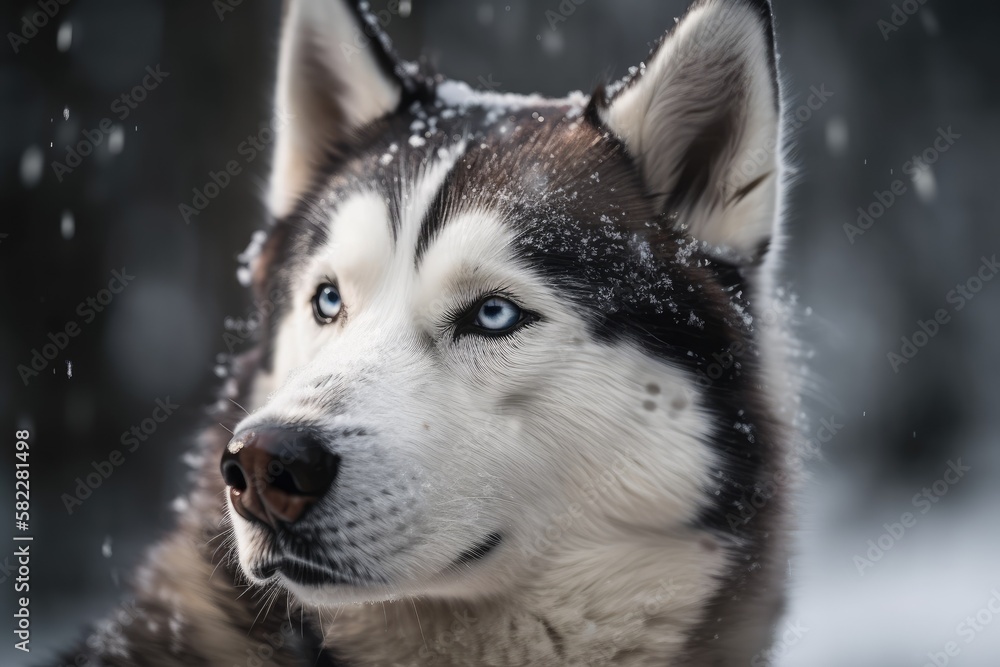a close up of a Siberian husky breed dog's head against a hazy background. Generative AI