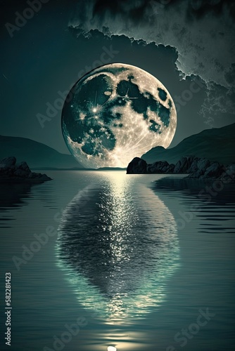 Glimpse of Heaven  Full Moon Rising Over a Calm Body of Water  Generative AI