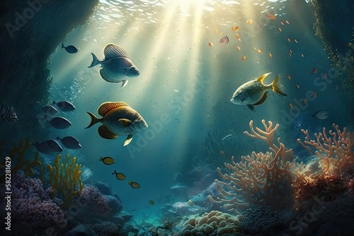 Fototapeta Naklejka Na Ścianę i Meble -  Mysterious Light of the Caribbean Reef: A Nautical Fantasia of Underwater Life and Unreal Sun Rays