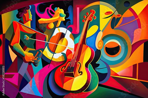 Urban Nightlife Celebrated in a Modern Art Painting  Bright Vibrant Music and Gig Band on a Musical Stage  Generative AI