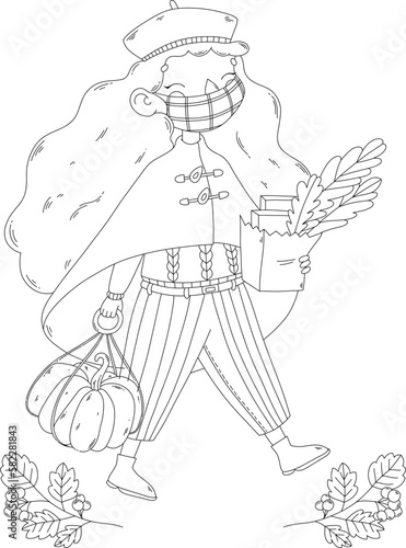 Black outline girl with a mask and beret carrying a pumpkin. Illustration for coloring page