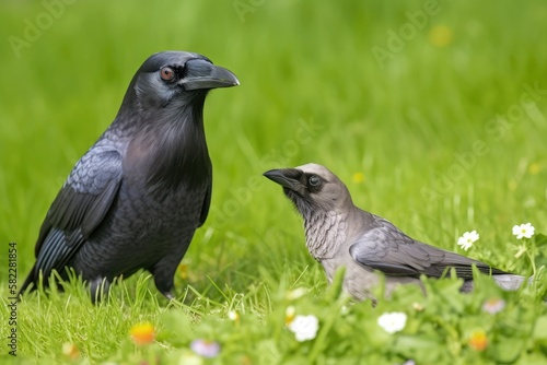 young jackdaw with black crow Blue eyed Corvus monedula in Klushof Bremerhaven, Germany, resting on green grass and against a green backdrop. Generative AI