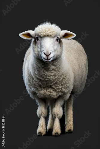White Sheep Standing Isolated on Black Background: A Closeup of a Young Farm Animal Nature: Generative AI