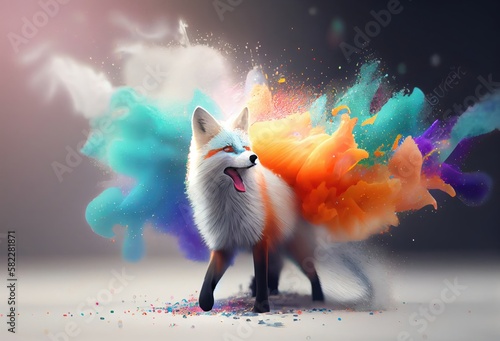 White Fox Rainbow Color Splash In Chic Style Generative AI photo