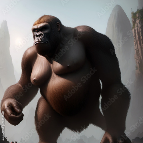 King Kong stands on the ruins of a ruined city. Generative AI.