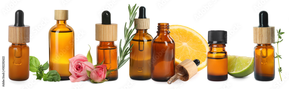 Many different essential oils and ingredients on white background, collage Many different essential oils and ingredients on white background, collage