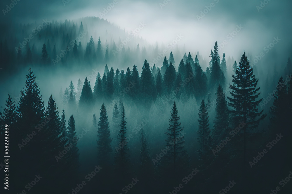 a foggy forest with pine trees in the foreground, art illustration