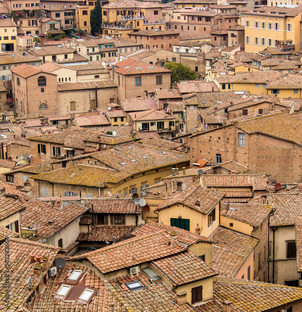 Clay shingled rooftops in Siena Italy as seen from above
