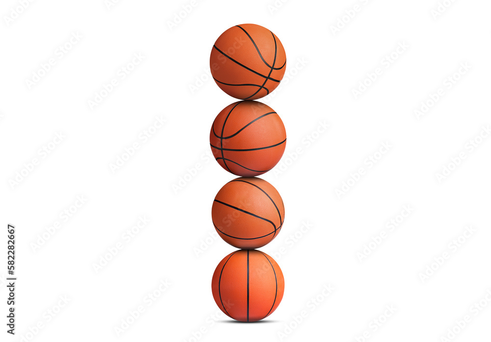Stack of basketball balls on white background