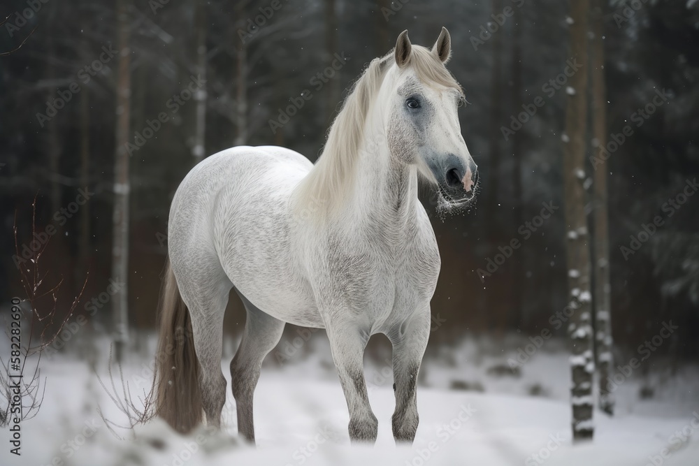 Fototapeta premium Arabian stallion in white with snow. Generative AI